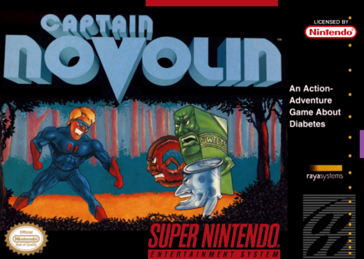 Captain Novolin SNES cover art reference for custom cartridge, NTSC-U version.