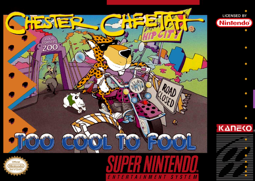 Chester Cheetah: Too Cool to Fool SNES cover art reference for custom cartridge, NTSC-U version.