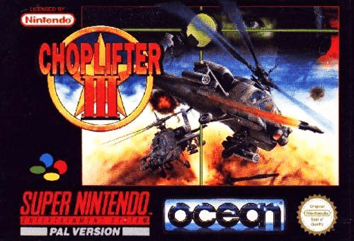 Choplifter III SNES cover art reference for custom cartridge, PAL version.