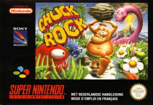 Chuck Rock SNES cover art reference for custom cartridge, PAL version.