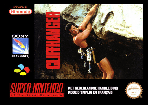Cliffhanger SNES cover art reference for custom cartridge, PAL version.
