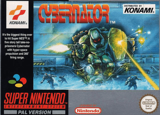 Cybernator SNES cover art reference for custom cartridge, PAL version.