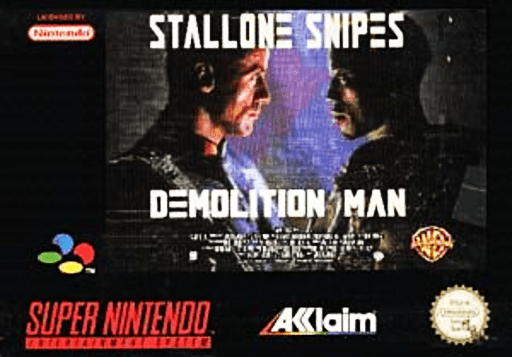 Demolition Man SNES cover art reference for custom cartridge, PAL version.
