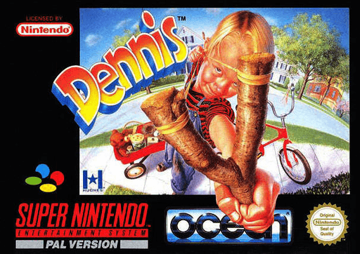Dennis the Menace SNES cover art reference for custom cartridge, PAL version.