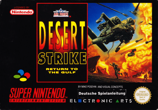 Desert Strike: Return to the Gulf SNES cover art reference for custom cartridge, PAL version.