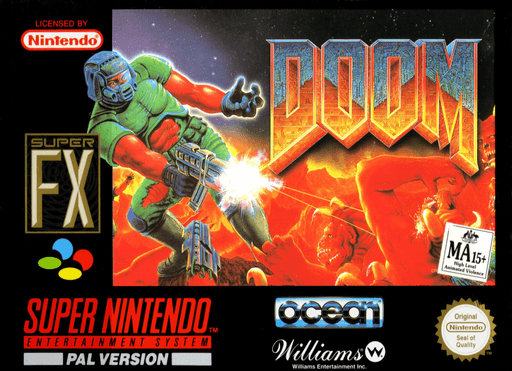 Doom SNES cover art reference for custom cartridge, PAL version.