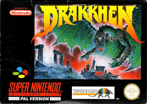 Drakkhen SNES cover art reference for custom cartridge, PAL version.