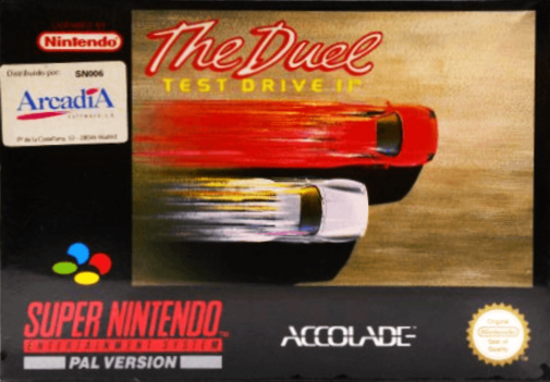 The Duel: Test Drive II SNES cover art reference for custom cartridge, PAL version.