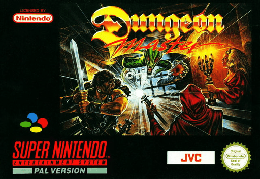 Dungeon Master SNES cover art reference for custom cartridge, PAL version.