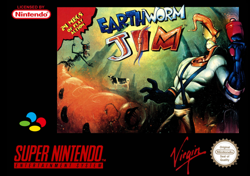 Earthworm Jim SNES cover art reference for custom cartridge, PAL version.