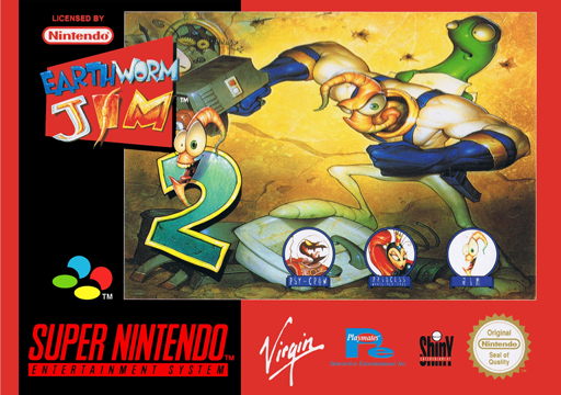 Earthworm Jim 2 SNES cover art reference for custom cartridge, PAL version.