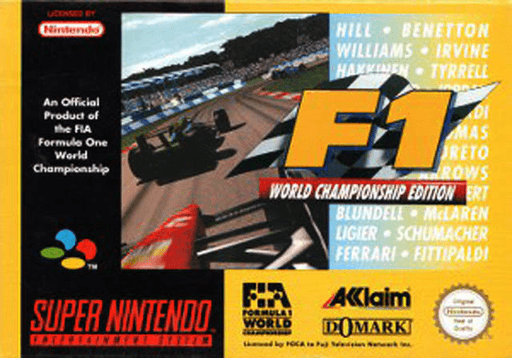 F1 World Championship Edition SNES cover art reference for custom cartridge, PAL version.