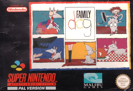 Family Dog SNES cover art reference for custom cartridge, PAL version.