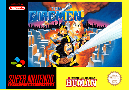 The Firemen SNES cover art reference for custom cartridge, PAL version.