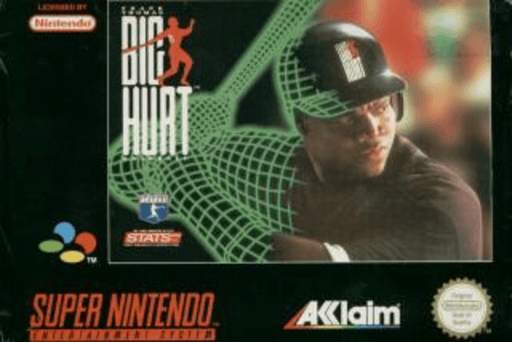 Frank Thomas' Big Hurt Baseball SNES cover art reference for custom cartridge, PAL version.