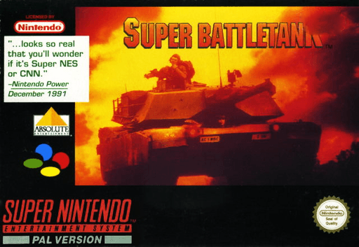 Garry Kitchen's Super Battletank: War in SNES cover art reference for custom cartridge, PAL version.