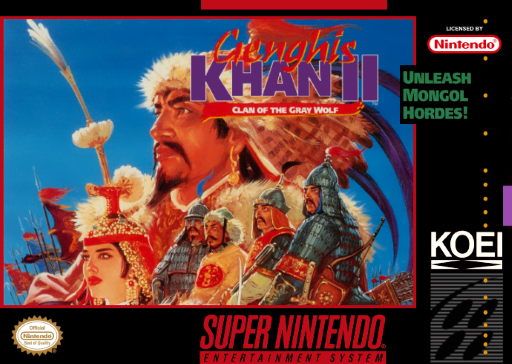 Genghis Khan II: Clan of the Gray Wolf SNES cover art reference for custom cartridge, NTSC-U version.