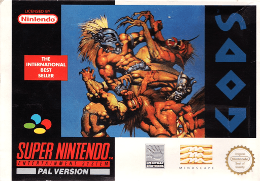 Gods SNES cover art reference for custom cartridge, PAL version.
