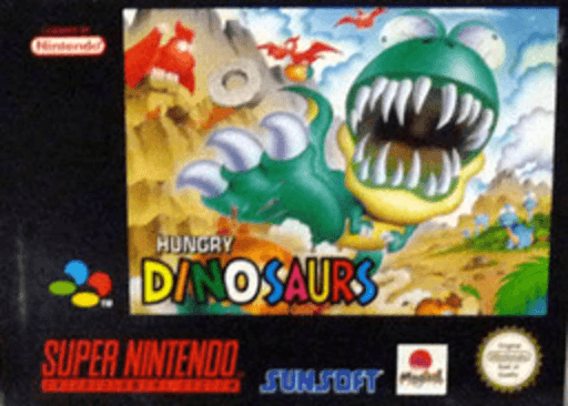 Hungry Dinosaurs SNES cover art reference for custom cartridge, PAL version.