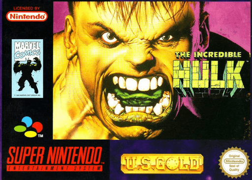 The Incredible Hulk SNES cover art reference for custom cartridge, PAL version.