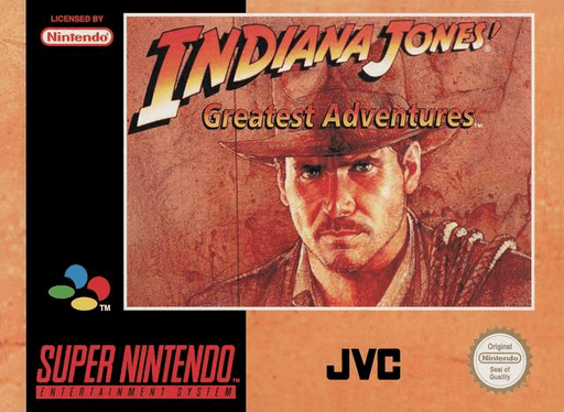 Indiana Jones' Greatest Adventures SNES cover art reference for custom cartridge, PAL version.