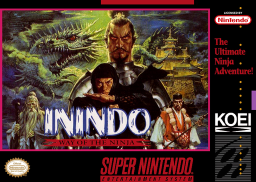 Inindo: Way of the Ninja SNES cover art reference for custom cartridge, NTSC-U version.