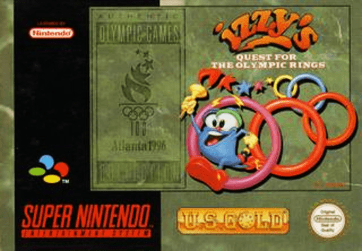 Izzy's Quest for the Olympic Rings SNES cover art reference for custom cartridge, PAL version.