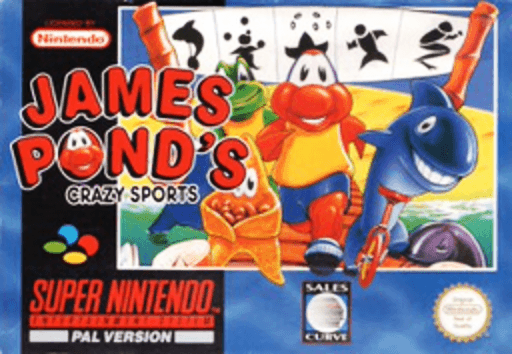 The Super Aquatic Games Starring the Aquabats SNES cover art reference for custom cartridge, PAL version.