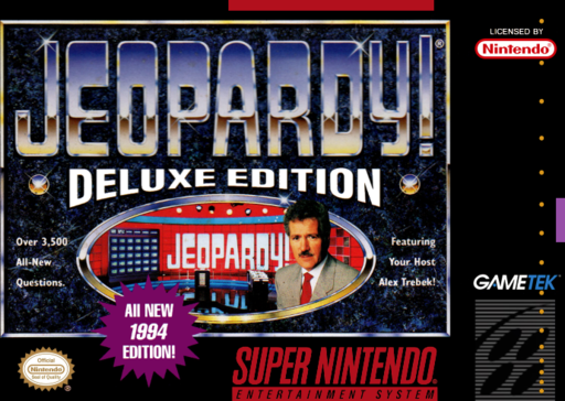 Jeopardy! Deluxe Edition SNES cover art reference for custom cartridge, NTSC-U version.