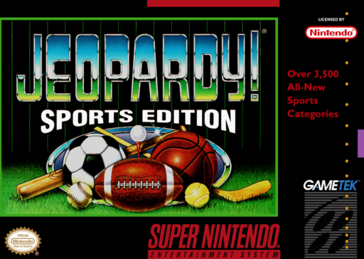 Jeopardy! Sports Edition SNES cover art reference for custom cartridge, NTSC-U version.
