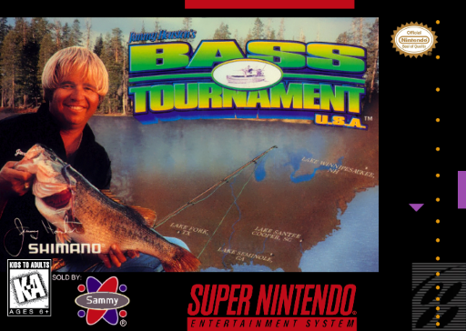 Jimmy Houston's Bass Tournament U.S.A. SNES cover art reference for custom cartridge, NTSC-U version.