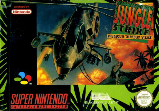 Jungle Strike SNES cover art reference for custom cartridge, PAL version.