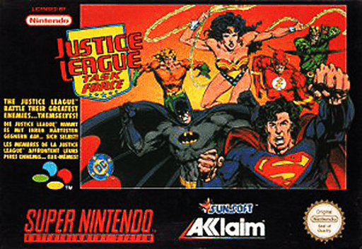 Justice League Task Force SNES cover art reference for custom cartridge, PAL version.