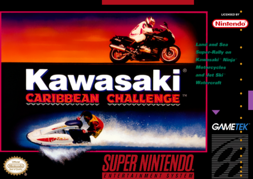 Kawasaki Caribbean Challenge SNES cover art reference for custom cartridge, NTSC-U version.