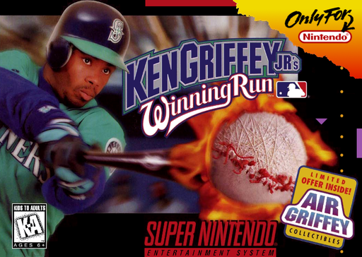 Ken Griffey Jr.'s Winning Run SNES cover art reference for custom cartridge, NTSC-U version.