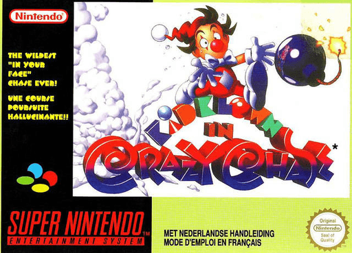 Kid Klown in Crazy Chase SNES cover art reference for custom cartridge, PAL version.