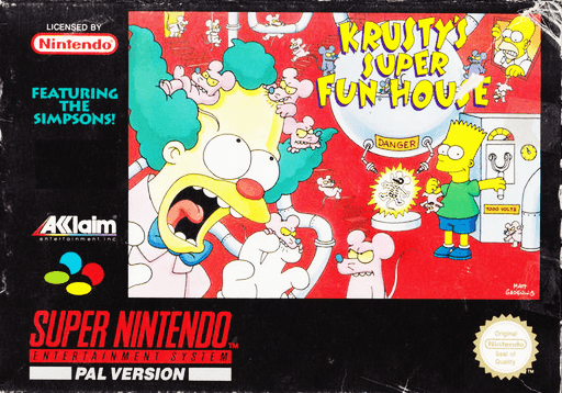 Krusty's Super Fun House SNES cover art reference for custom cartridge, PAL version.
