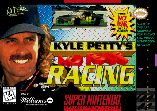 Kyle Petty's No Fear Racing SNES cover art reference for custom cartridge, NTSC-U version.