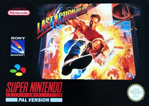 Last Action Hero SNES cover art reference for custom cartridge, PAL version.