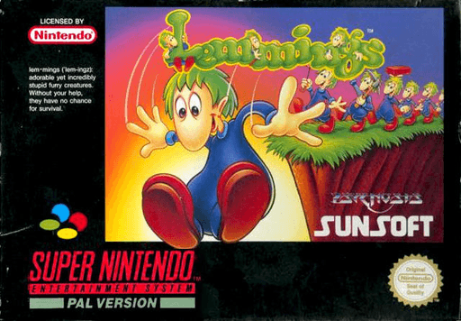 Lemmings SNES cover art reference for custom cartridge, PAL version.