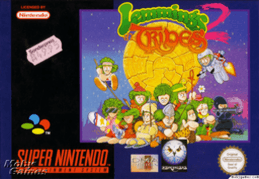 Lemmings 2: The Tribes SNES cover art reference for custom cartridge, PAL version.