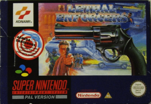 Lethal Enforcers SNES cover art reference for custom cartridge, PAL version.