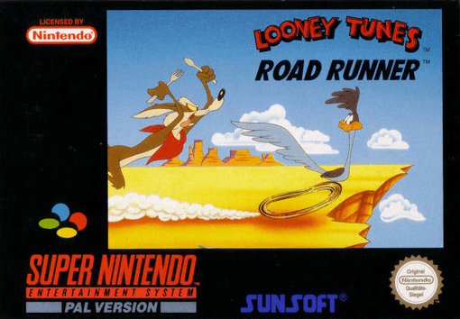 Road Runner's Death Valley Rally SNES cover art reference for custom cartridge, PAL version.