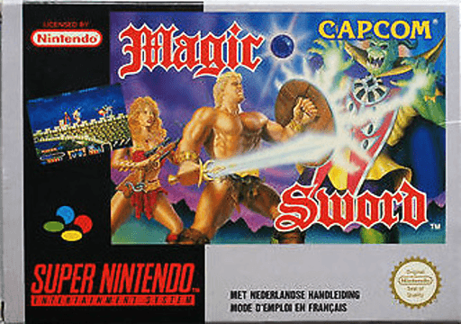 Magic Sword SNES cover art reference for custom cartridge, PAL version.