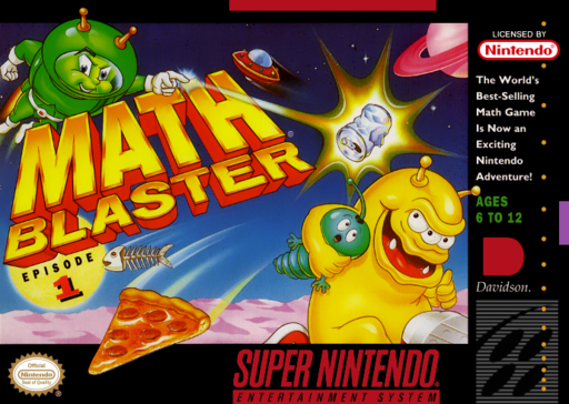 Math Blaster: Episode 1 SNES cover art reference for custom cartridge, NTSC-U version.