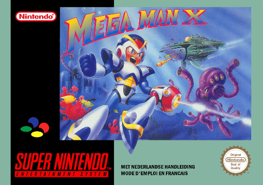Mega Man X SNES cover art reference for custom cartridge, PAL version.
