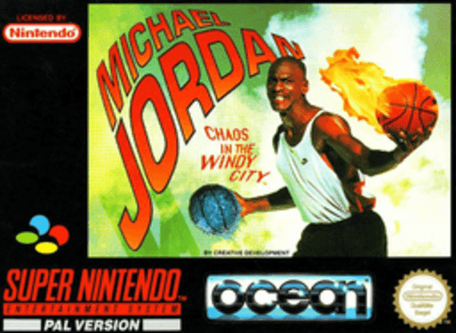 Michael Jordan: Chaos in the Windy SNES cover art reference for custom cartridge, PAL version.