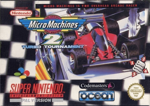 Micro Machines 2: Turbo Tournament SNES cover art reference for custom cartridge, PAL version.