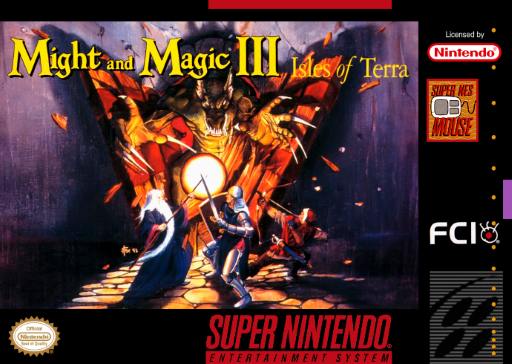 Might and Magic III: Isles of Terra SNES cover art reference for custom cartridge, NTSC-U version.