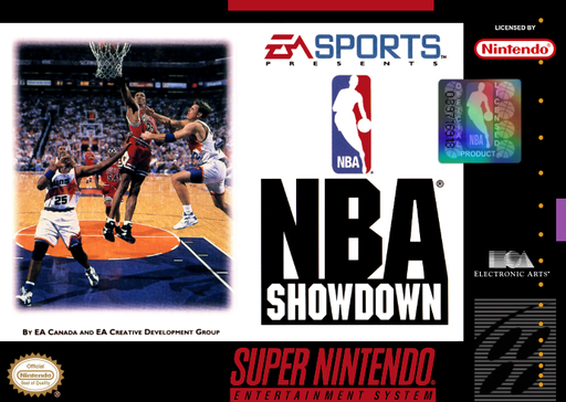 NBA Showdown SNES cover art reference for custom cartridge, NTSC-U version.
